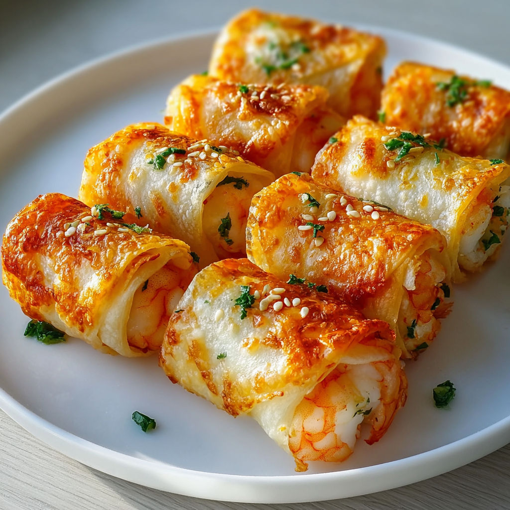 Une assiette blanche garnie de roulés croustillants aux crevettes et herbes fraîches.