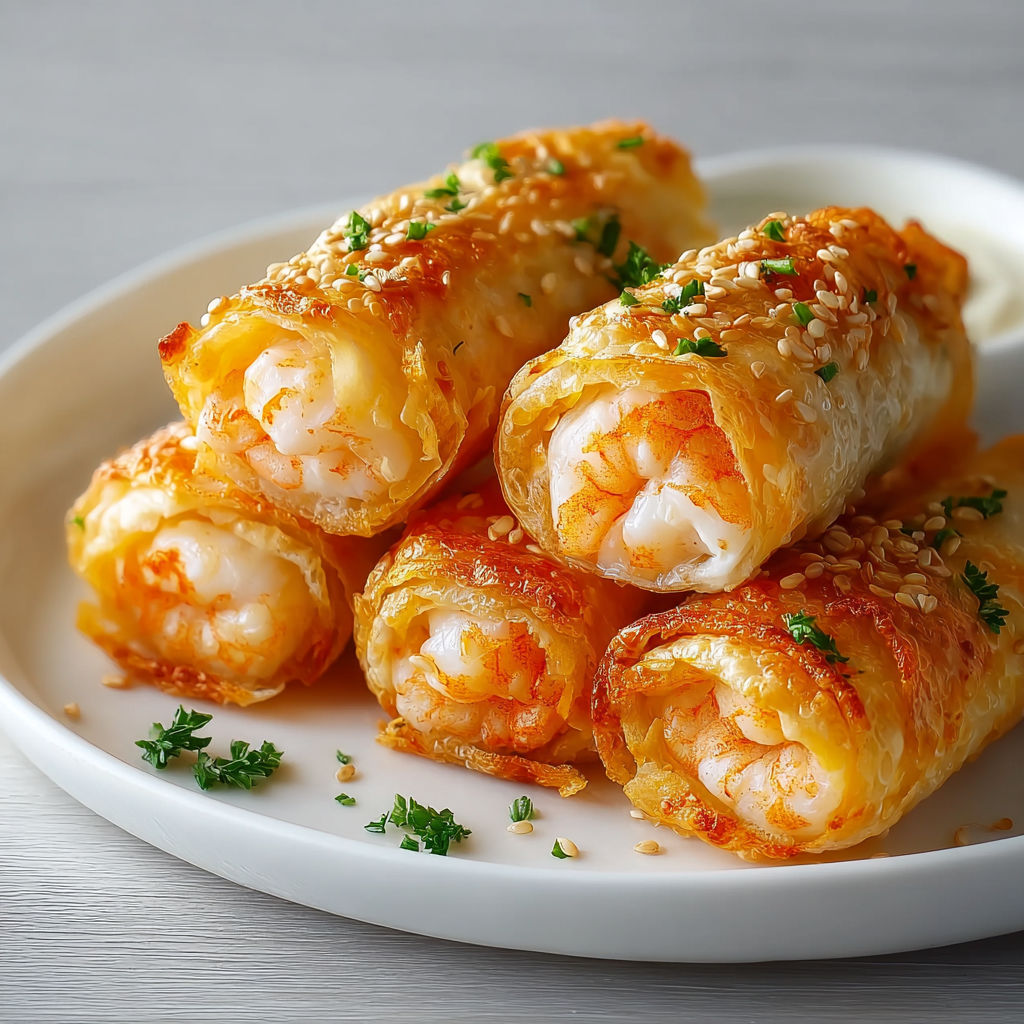 Des roulés de crevettes sur un plateau avec pâte brisée et herbes fraîches.