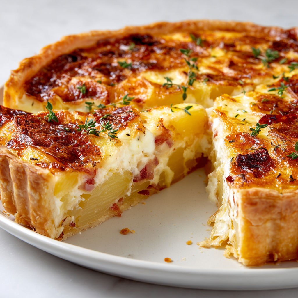 Une tarte aux pommes est servie sur un plateau.