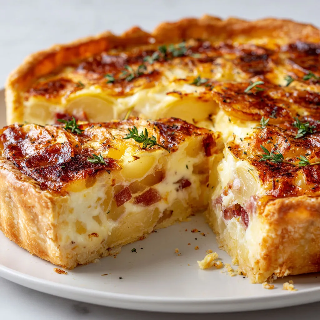Une tarte aux pommes et aux champignons est servie sur un plateau.