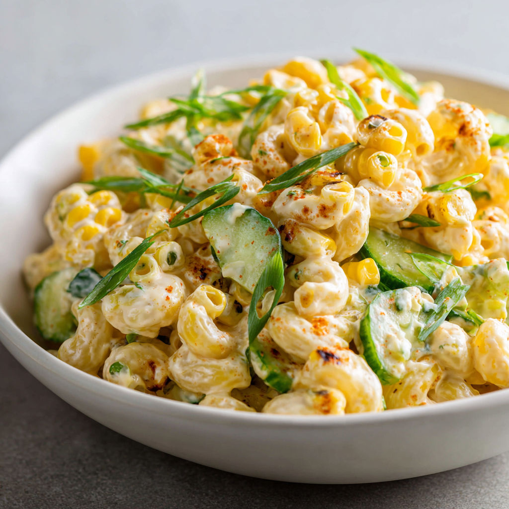 Un bol rempli d’une salade crémeuse avec du maïs grillé et des macaronis.