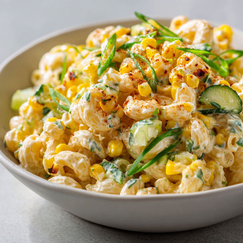 Un bol rempli de macaronis au maïs grillé prêt à être servi.