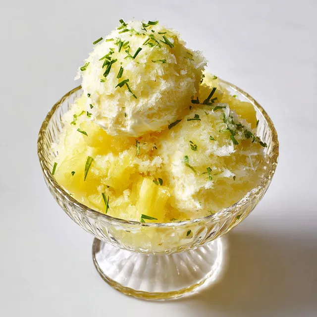 Bol rempli de morceaux d’ananas glacés à la vanille avec une touche de lime.