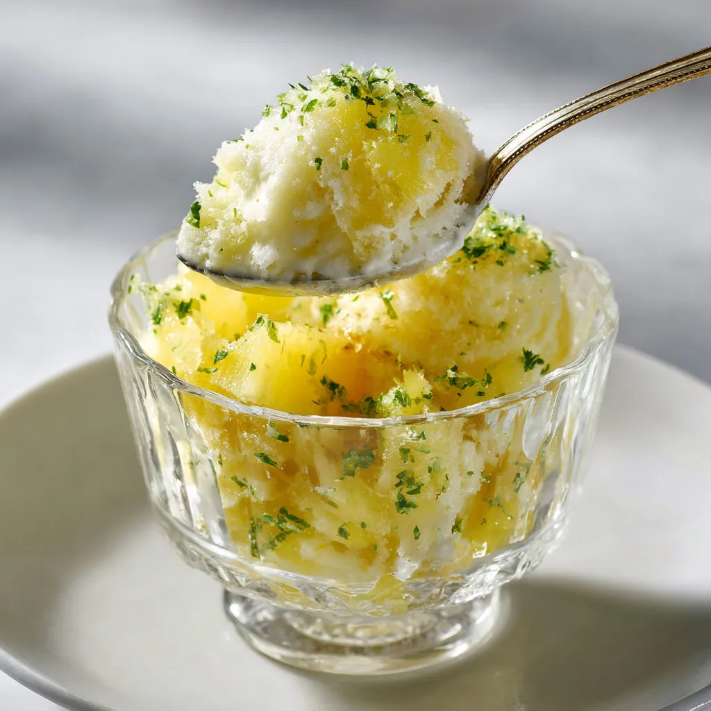 Un verre avec une glace à l’ananas râpé façon Hawaï.