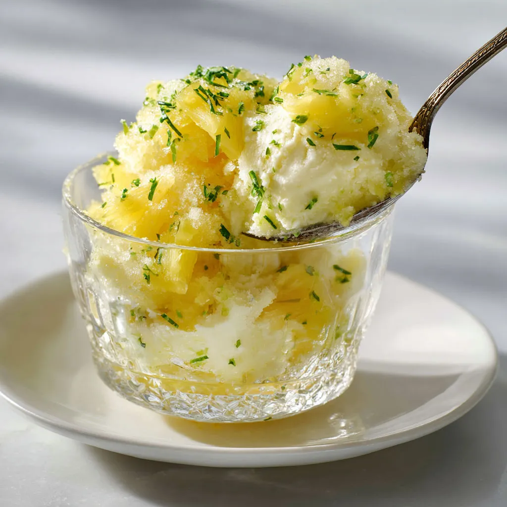 Glace givrée ananas-vanille-lime en bol.