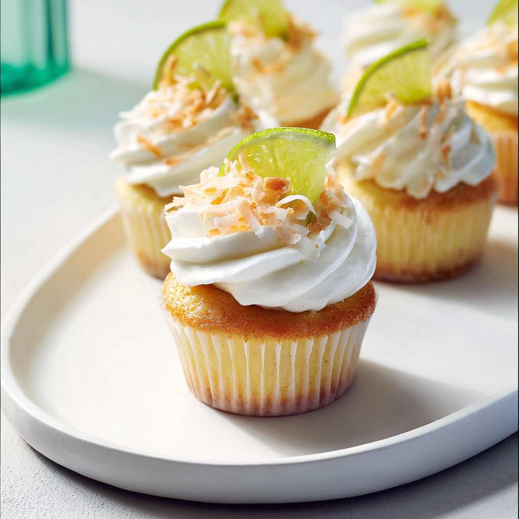 Délicieux cupcakes lime et coco sur un joli plateau.