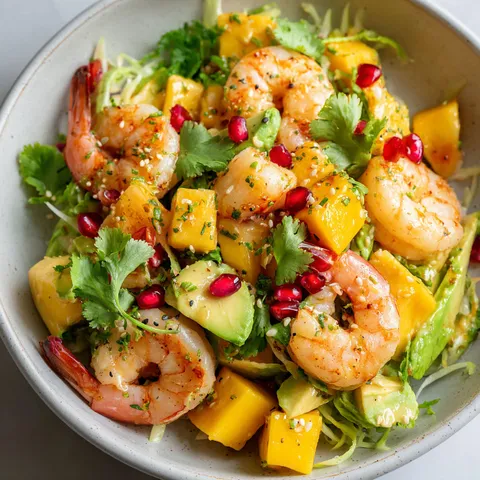 Bol rempli d'une salade fraîche composée d'avocat, mangue et crevettes.