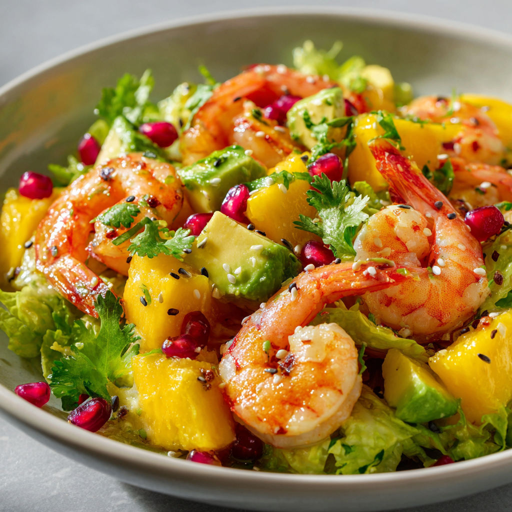 Une salade fraîche avec crevettes, mangue, avocat, herbes et un peu de croquant.