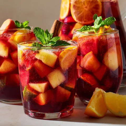 Un verre rempli de fruits frais : orange et cerise, nappé de sangria sans alcool.