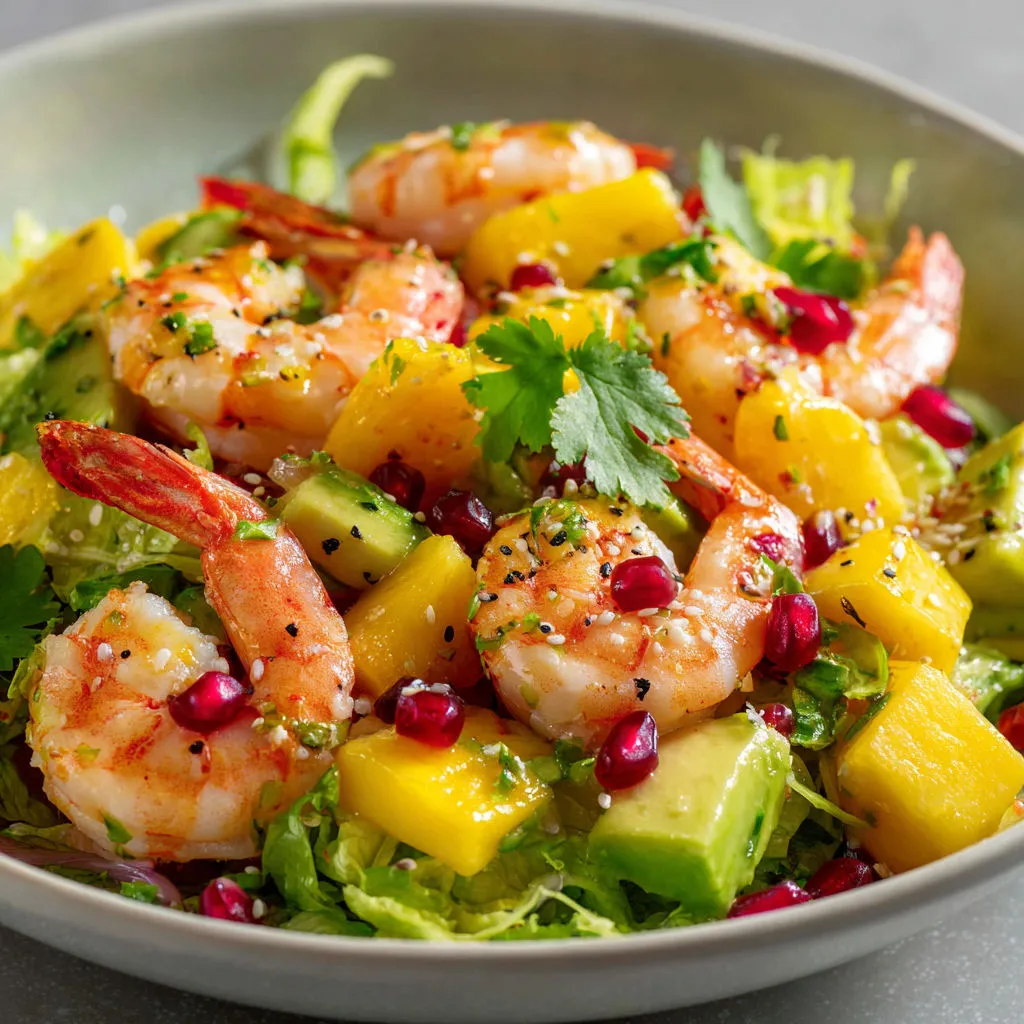 Salade colorée avec crevettes, avocat, tomates cerises et herbes.