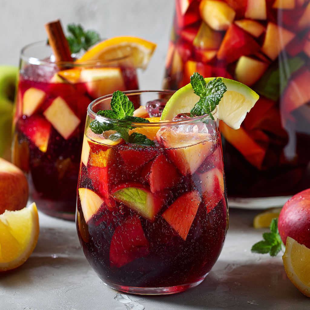 Un cocktail fruité et pétillant sans alcool dans un verre, parsemé de morceaux de pomme, orange et citron.