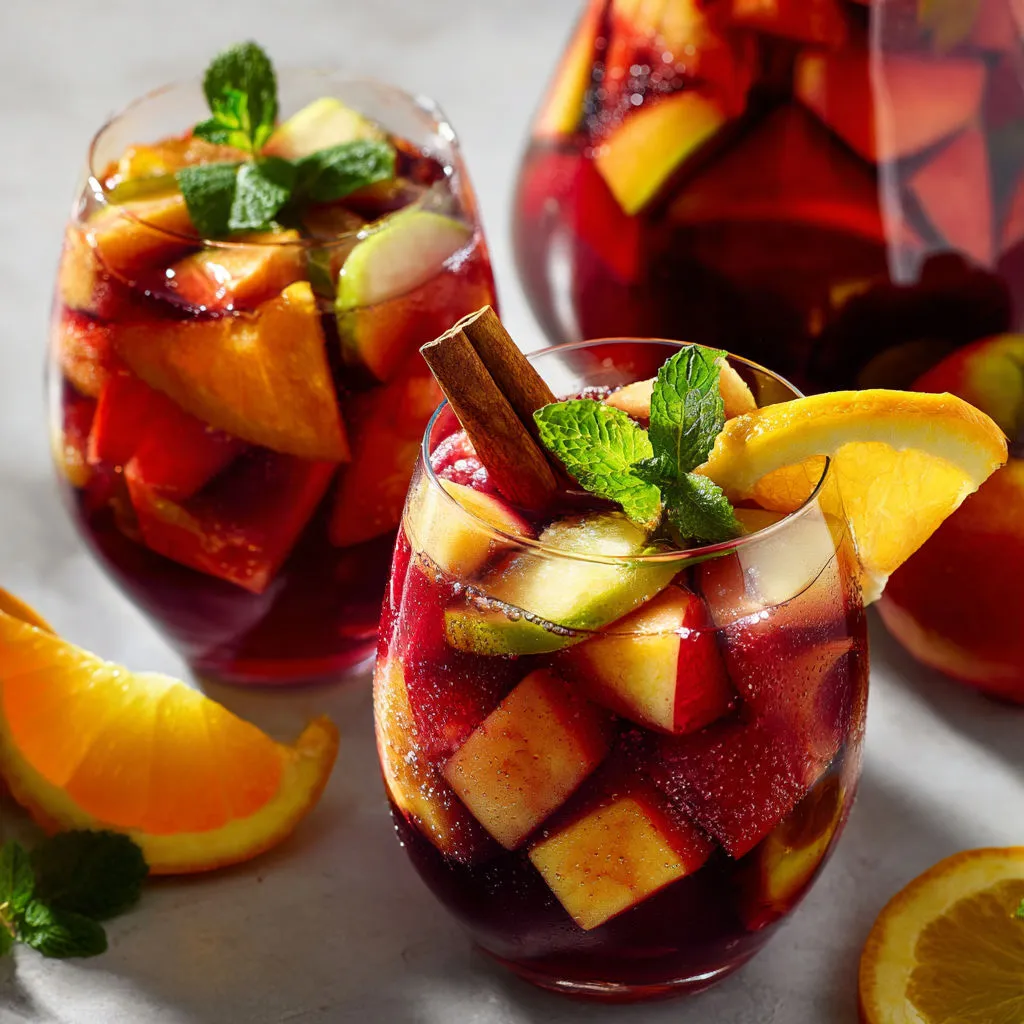 Un grand verre de cocktail fruité et pétillant posé sur une table, entouré d’oranges et de citrons confits.