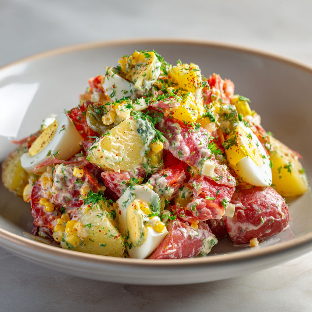 Un mélange coloré et appétissant de pommes de terre et légumes servi dans un élégant bol de porcelaine.