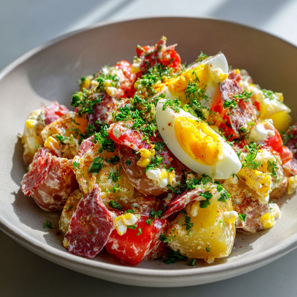 Bol de salade composée avec œufs et poulet, légumes frais et herbes, prêt à servir.