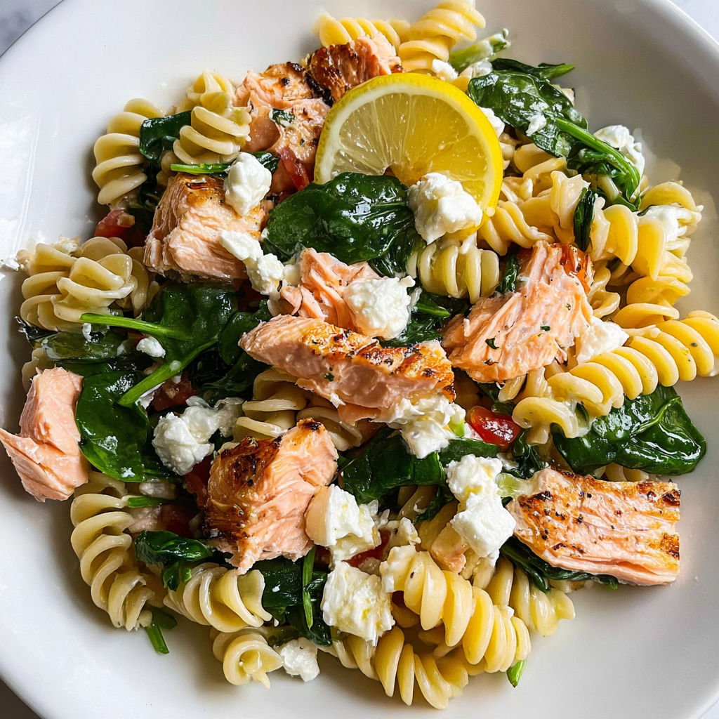 Un plat coloré de pâtes au saumon avec épinards et jus de citron, servi prêt à déguster.