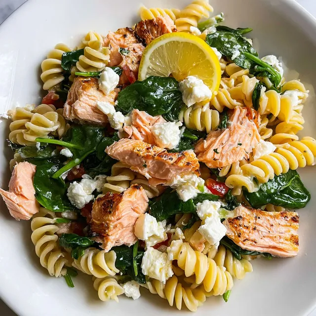 Un plat coloré de pâtes au saumon avec épinards et jus de citron, servi prêt à déguster.