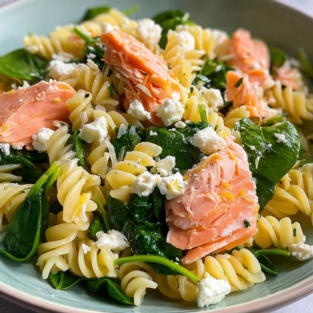 Un grand bol de salade de pâtes, légumes et poisson.