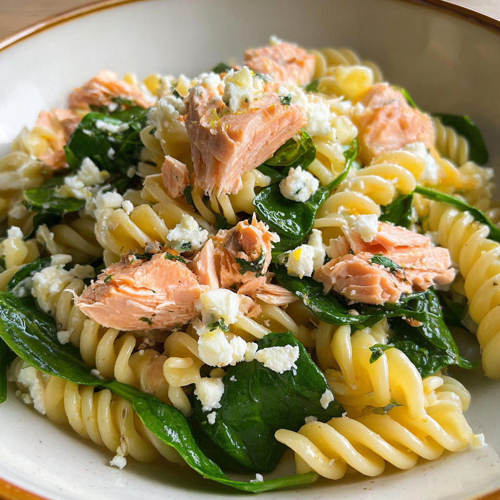 Une assiette de pâtes froides avec légumes et poisson.