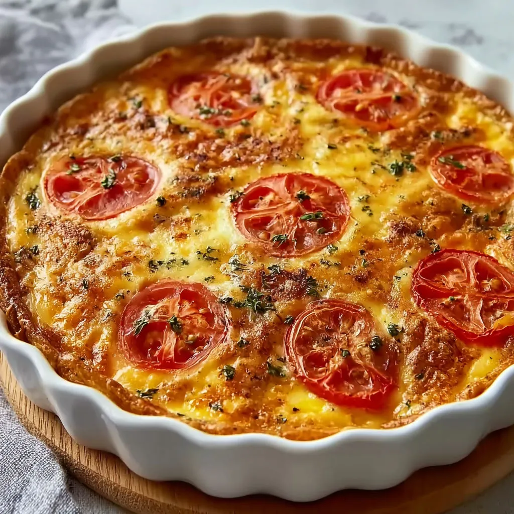 Tarte salée à la tomate avec des herbes servie dans un plat ovale.