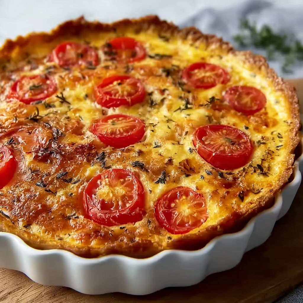 Tarte salée tomate-herbes dans un plat en verre, prête à déguster.