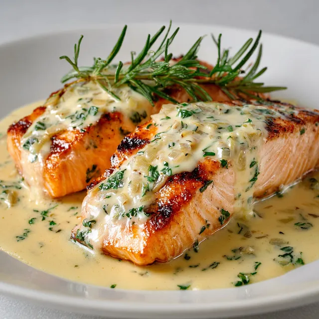 Filet croustillant de saumon avec sauce aux échalotes.
