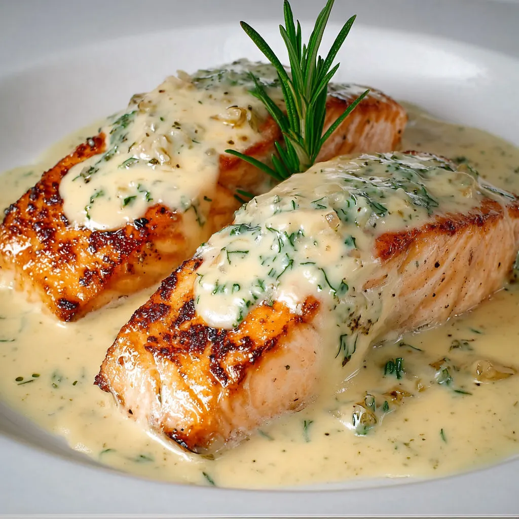 Saumon grillé nappé d'une sauce crémeuse aux échalotes et vin blanc.