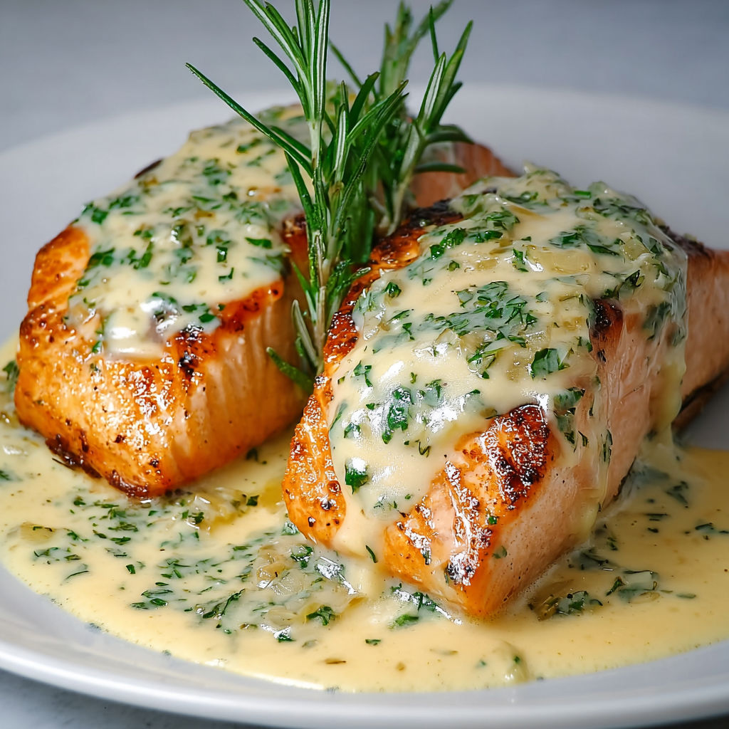 Filet de saumon poêlé nappé de sauce aux échalotes fondantes.