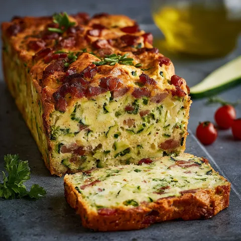 Une savoureuse tranche de cake moelleux aux courgettes et lardons, servie avec des herbes et tomates fraîches.
