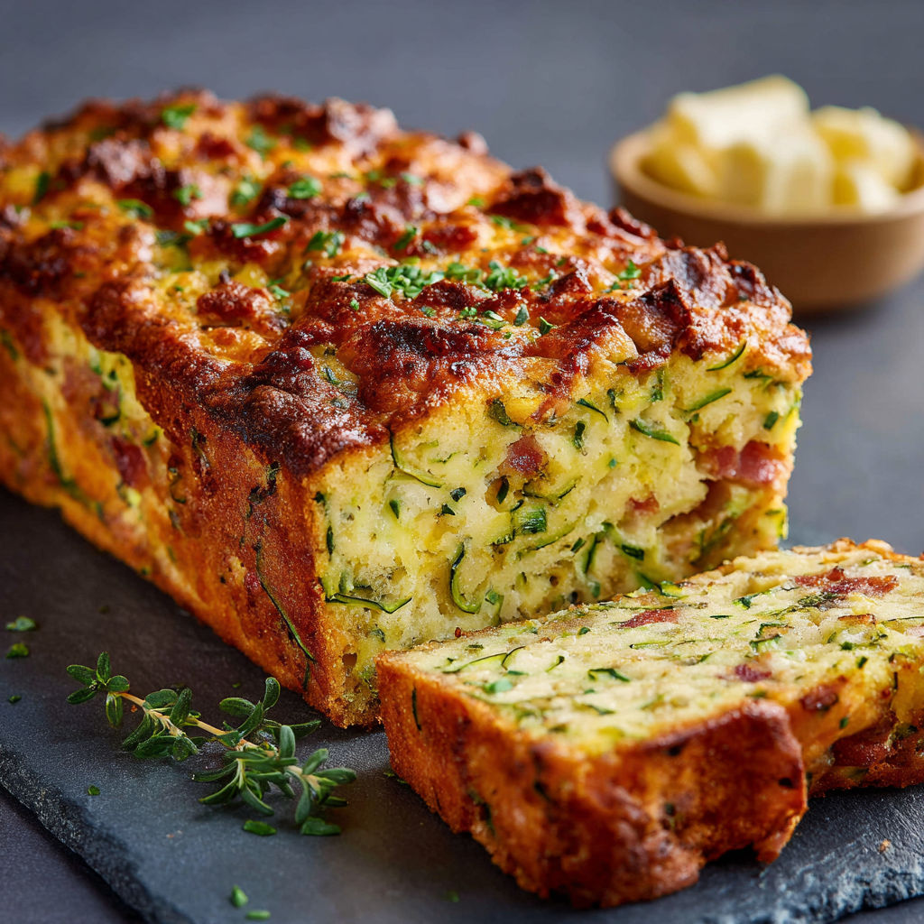 Une belle part de cake courgette-lardons, parfait pour une pause gourmande en été.