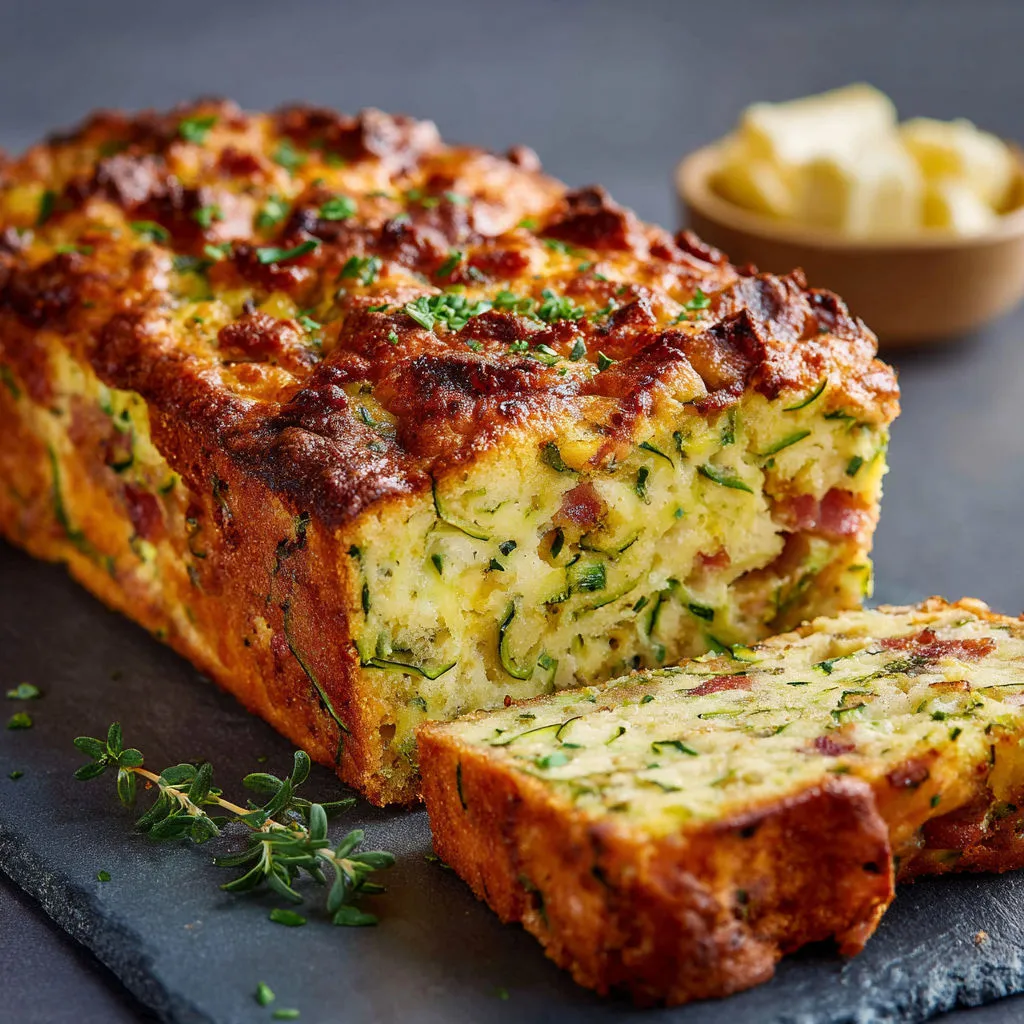 Une belle part de cake courgette-lardons, parfait pour une pause gourmande en été.