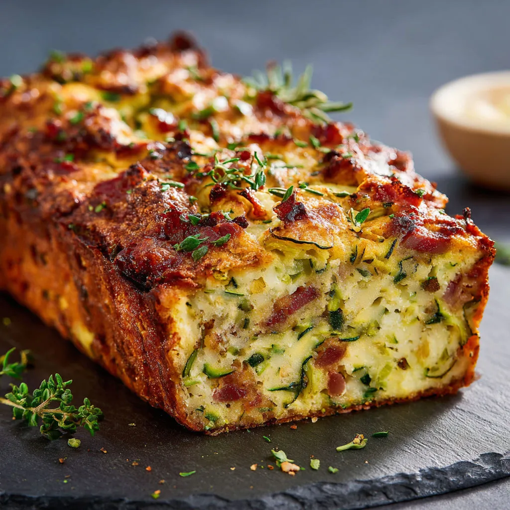 Une pâte dorée parsemée de courgettes et lardons, prête à être dégustée.