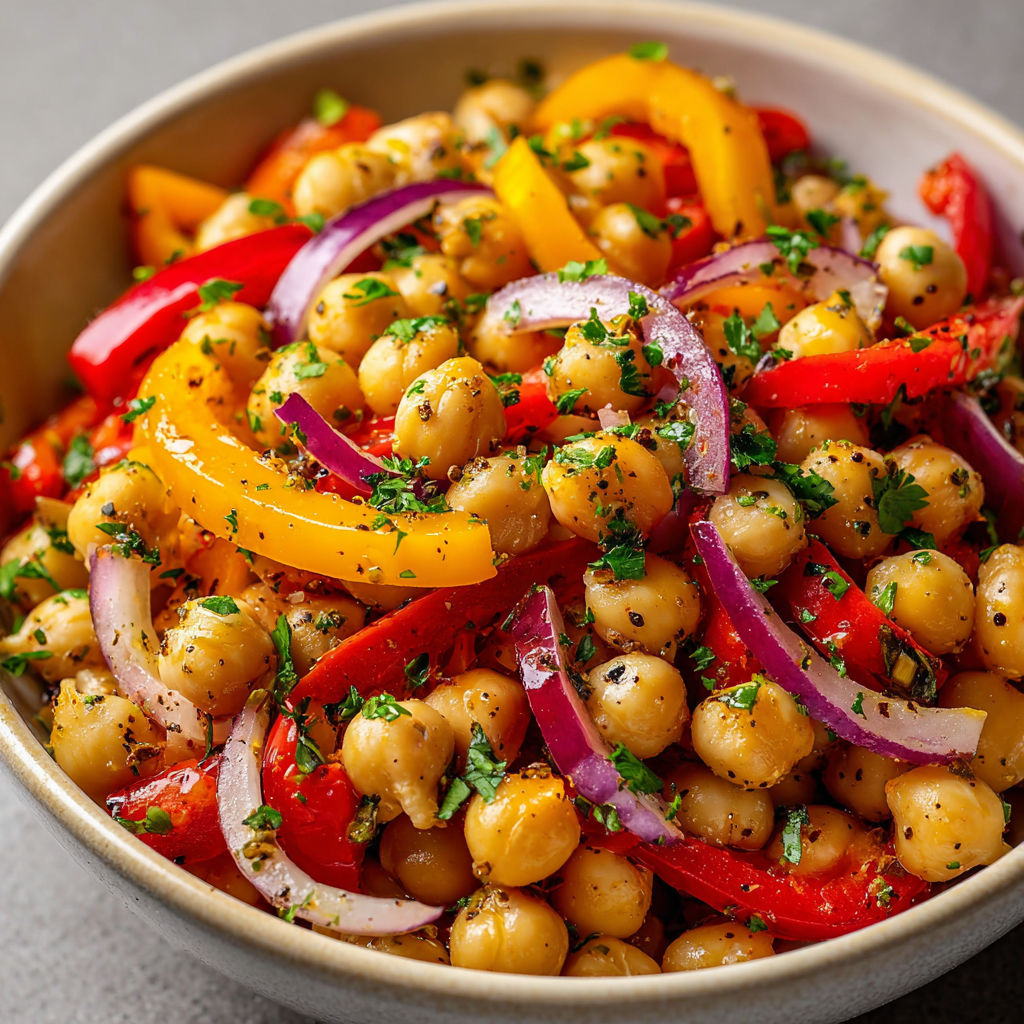 Un bol de pois chiches mélangés à des légumes méditerranéens frais et appétissants.