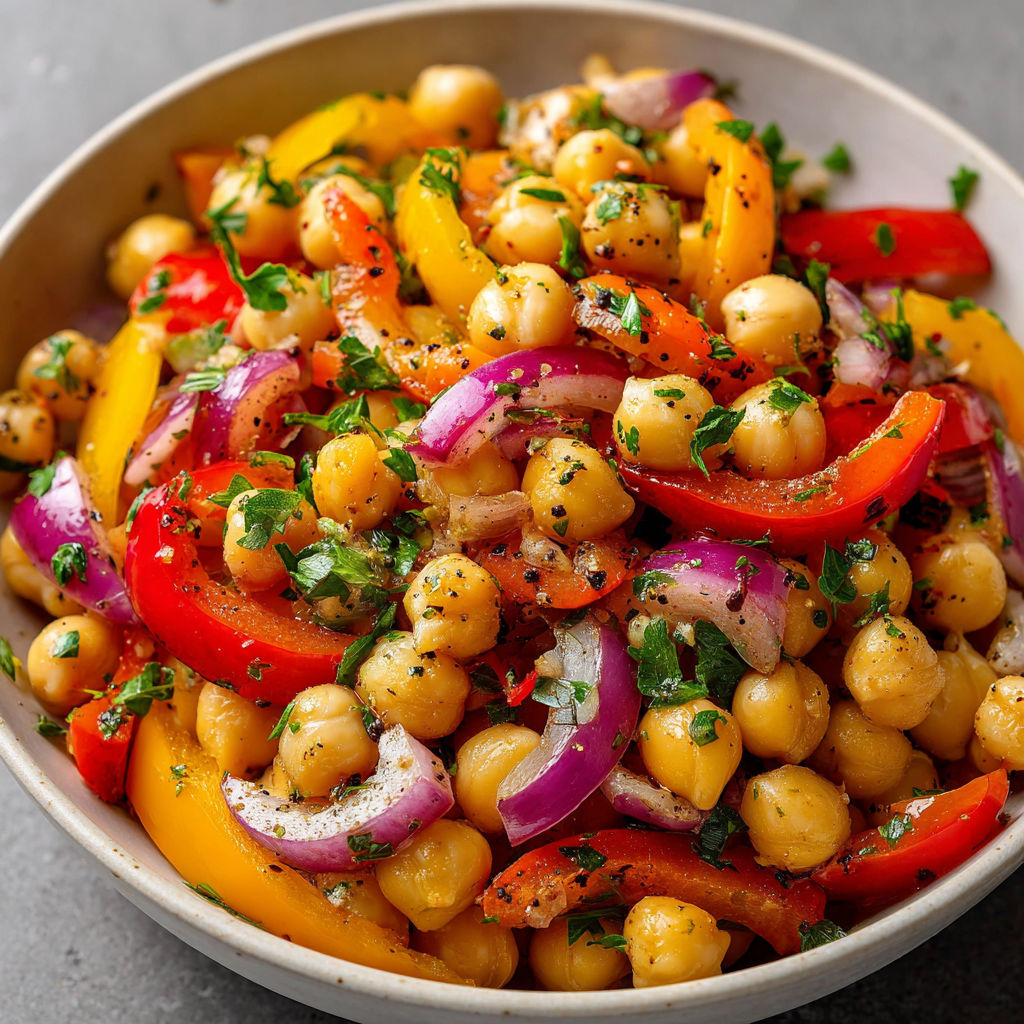 Un bol rempli de légumes colorés comme des poivrons, des tomates et des pois chiches, prêt à être servi.