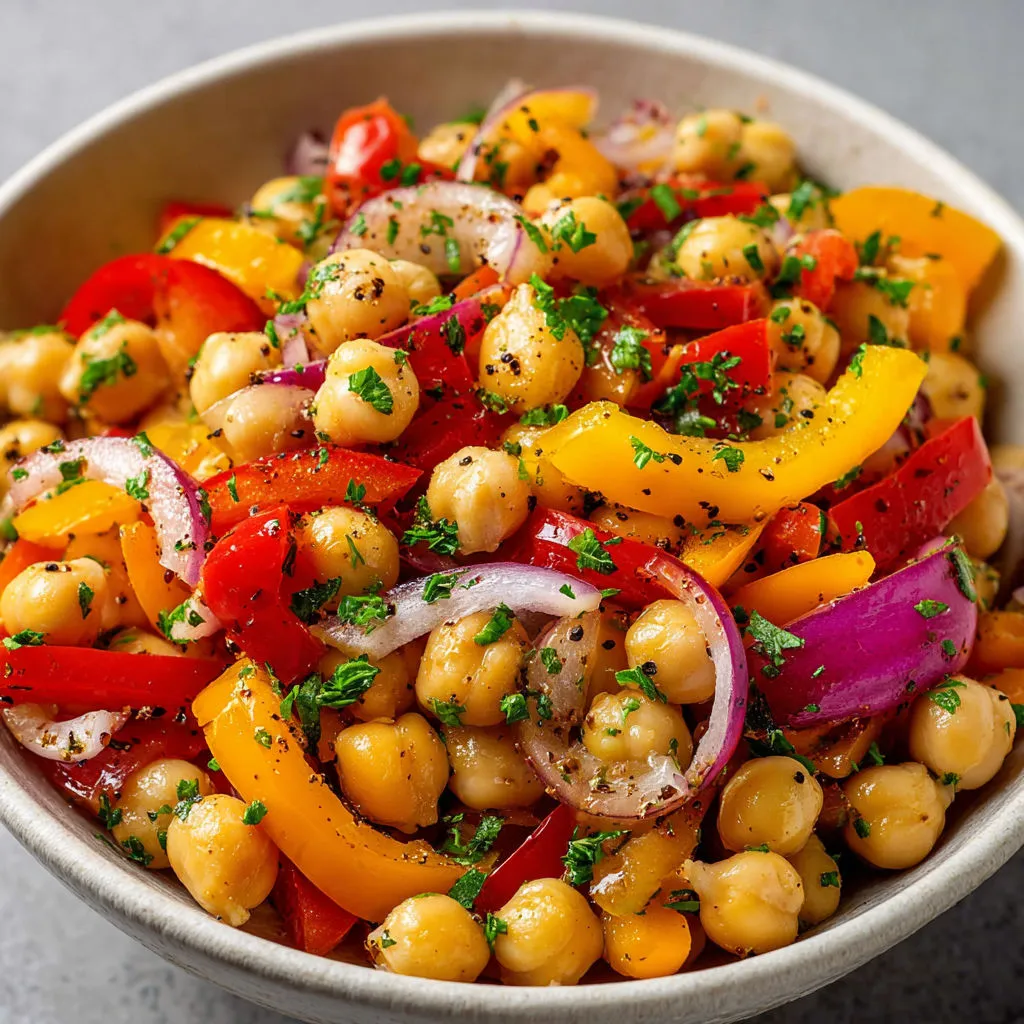 Une salade généreuse de pois chiches et de tomates, agrémentée d’herbes et d’épices, dans un bol.