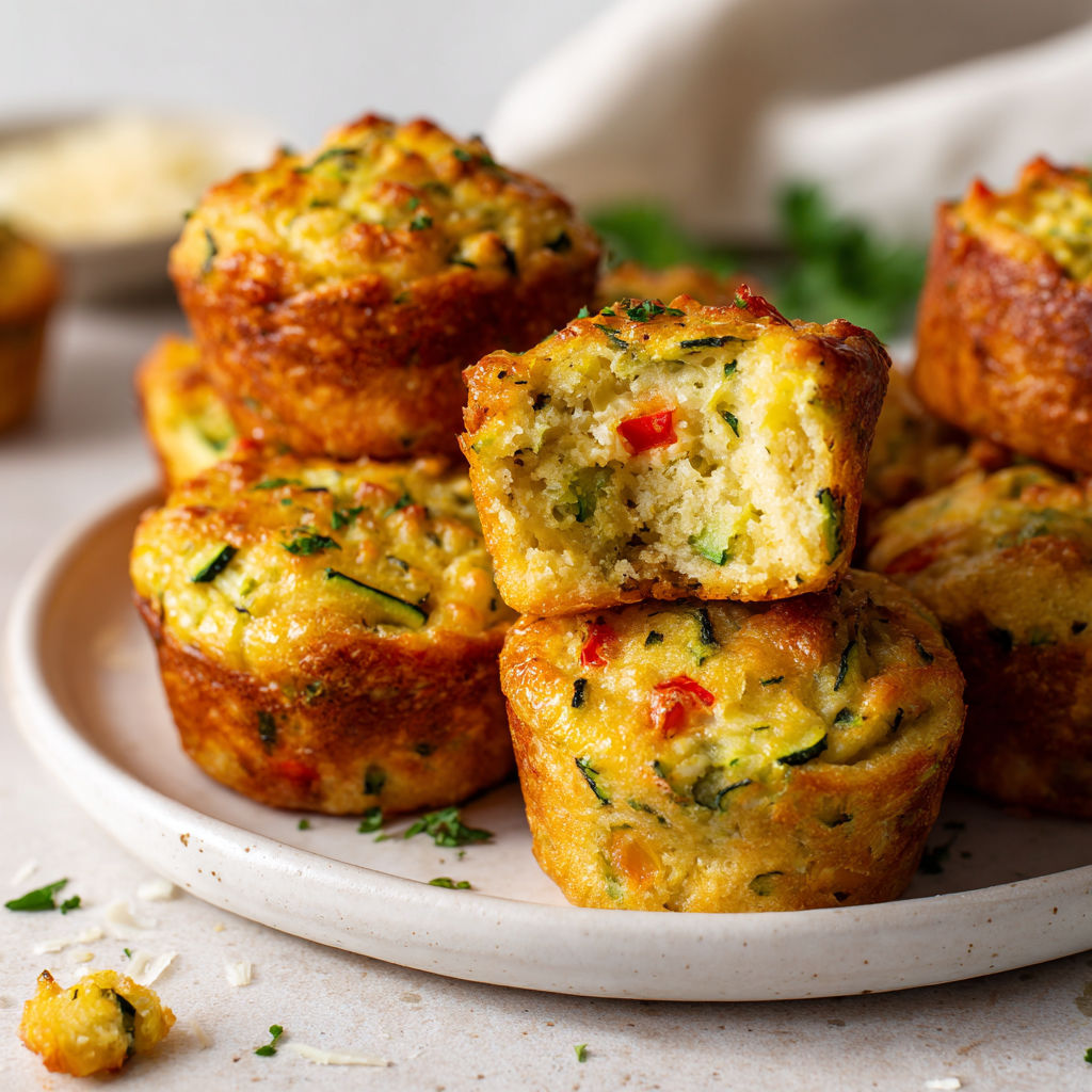 Une plaque remplie de mini muffins moelleux courgette-fromage.