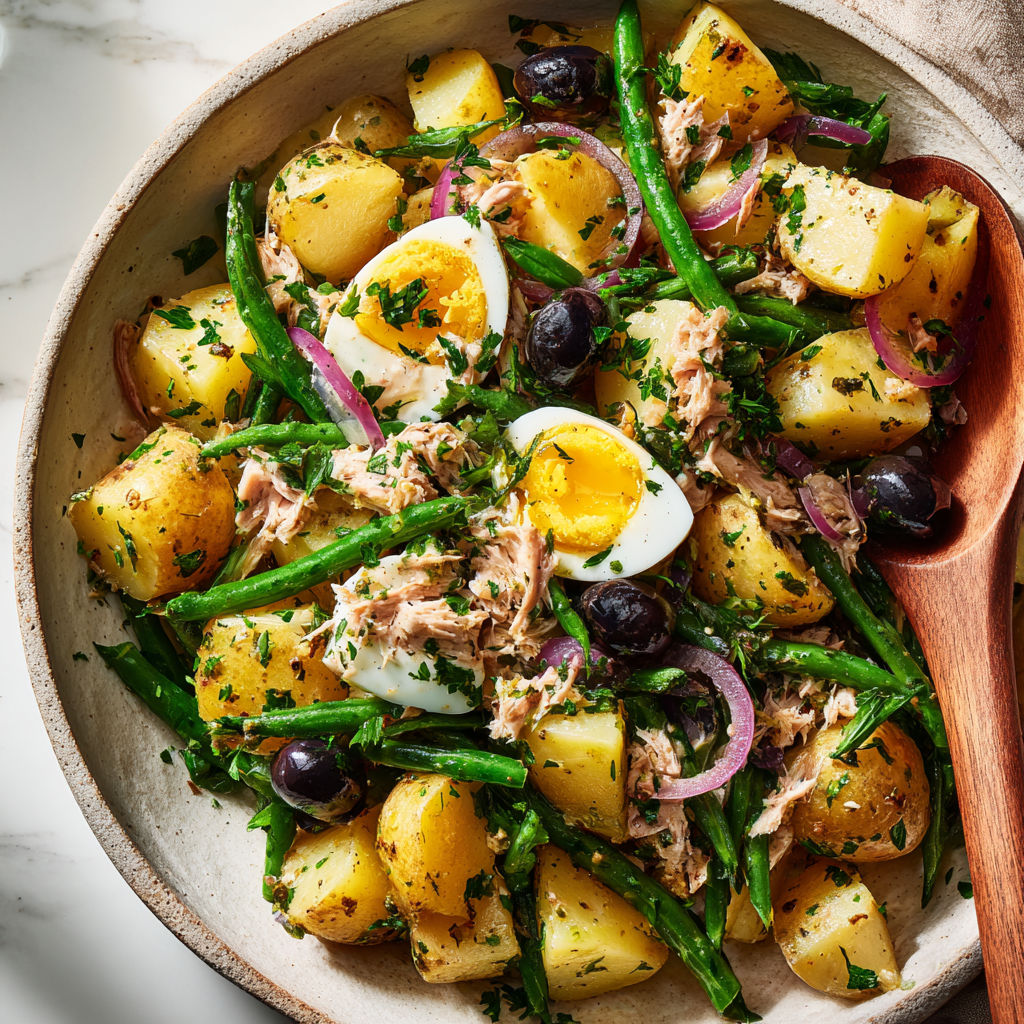 Un plat de légumes, œufs, thon et olives, présenté dans un saladier.