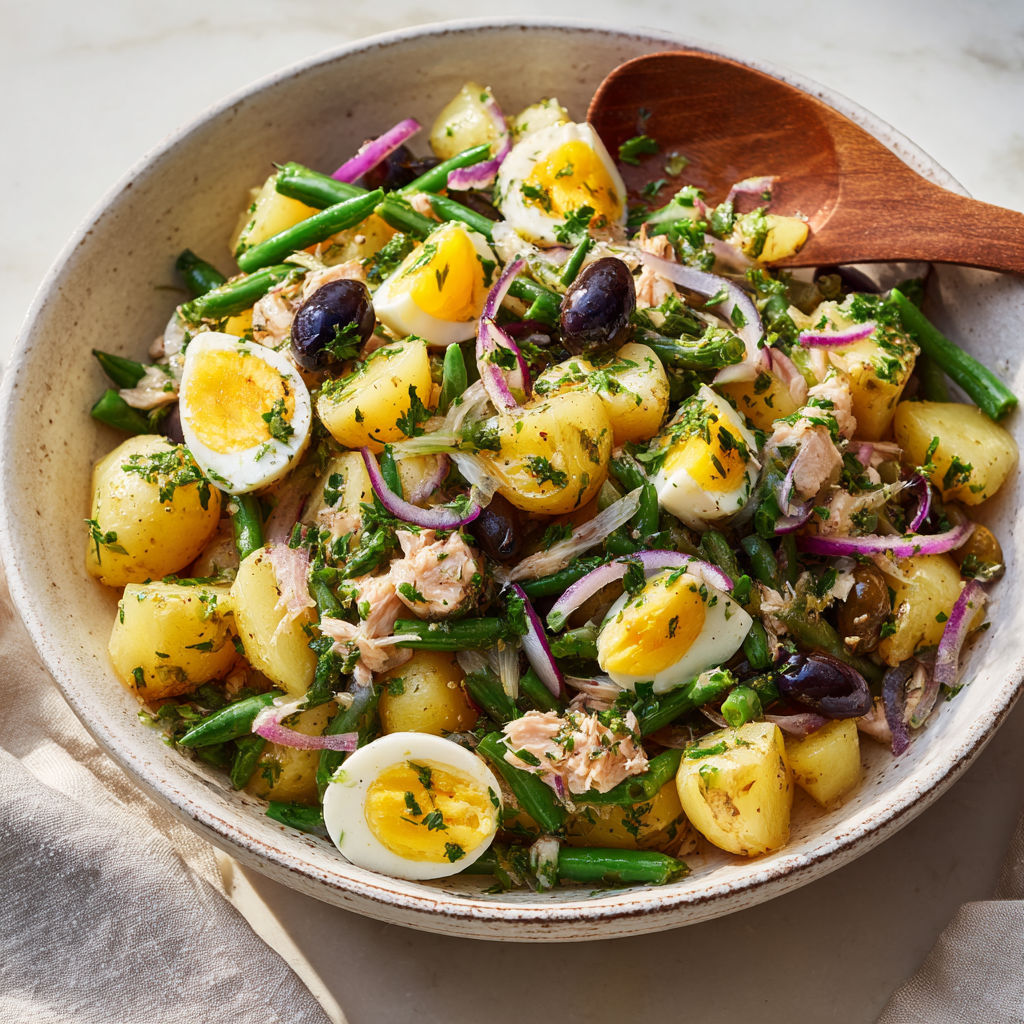 Un bol rempli de légumes, thon, œufs et pommes de terre, prêt à être partagé.