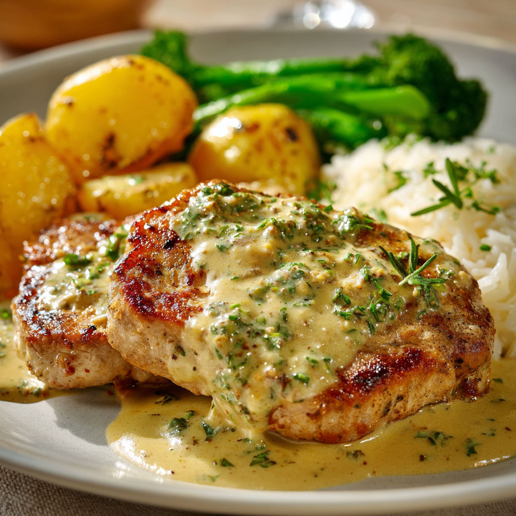 Plat d’escalopes de porc servies avec une sauce moutarde, légumes verts et pommes de terre.
