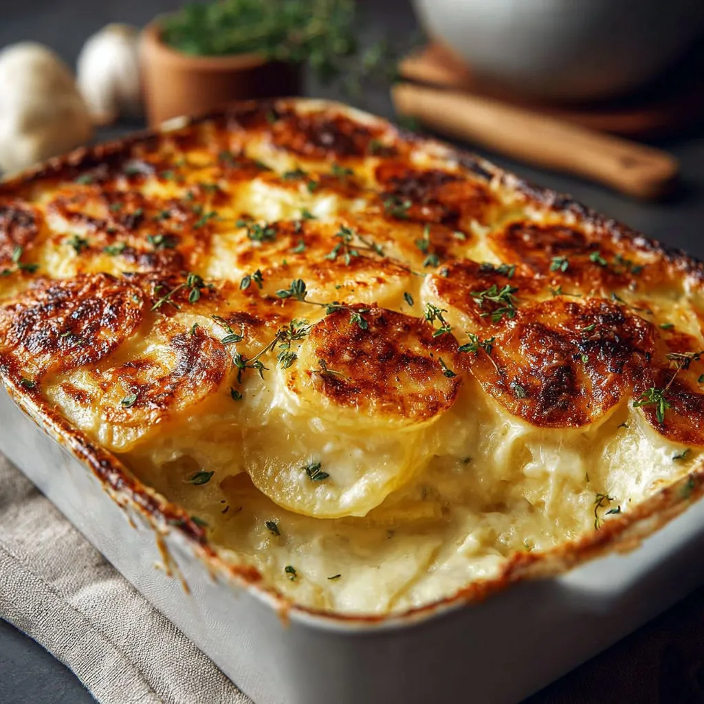 Une tarte au gratin de pommes de terre, recouverte d’herbes fraîches, servie dans un plat en céramique.