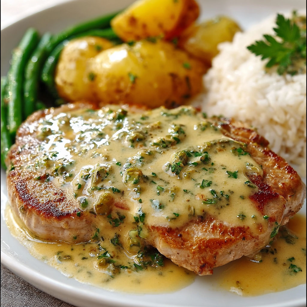 Un filet de porc nappé d’une sauce aux herbes, accompagné de pommes de terre et de légumes verts.