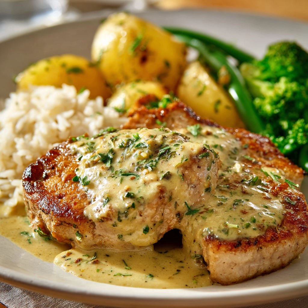 Une assiette d’escalope en sauce avec des légumes verts et des pommes de terre.