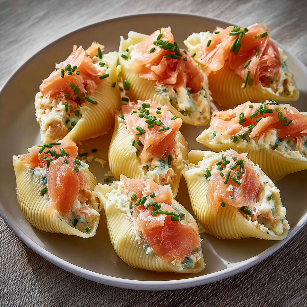 Une assiette de conchiglioni garnis de saumon et mascarpone, prêts à être dégustés.
