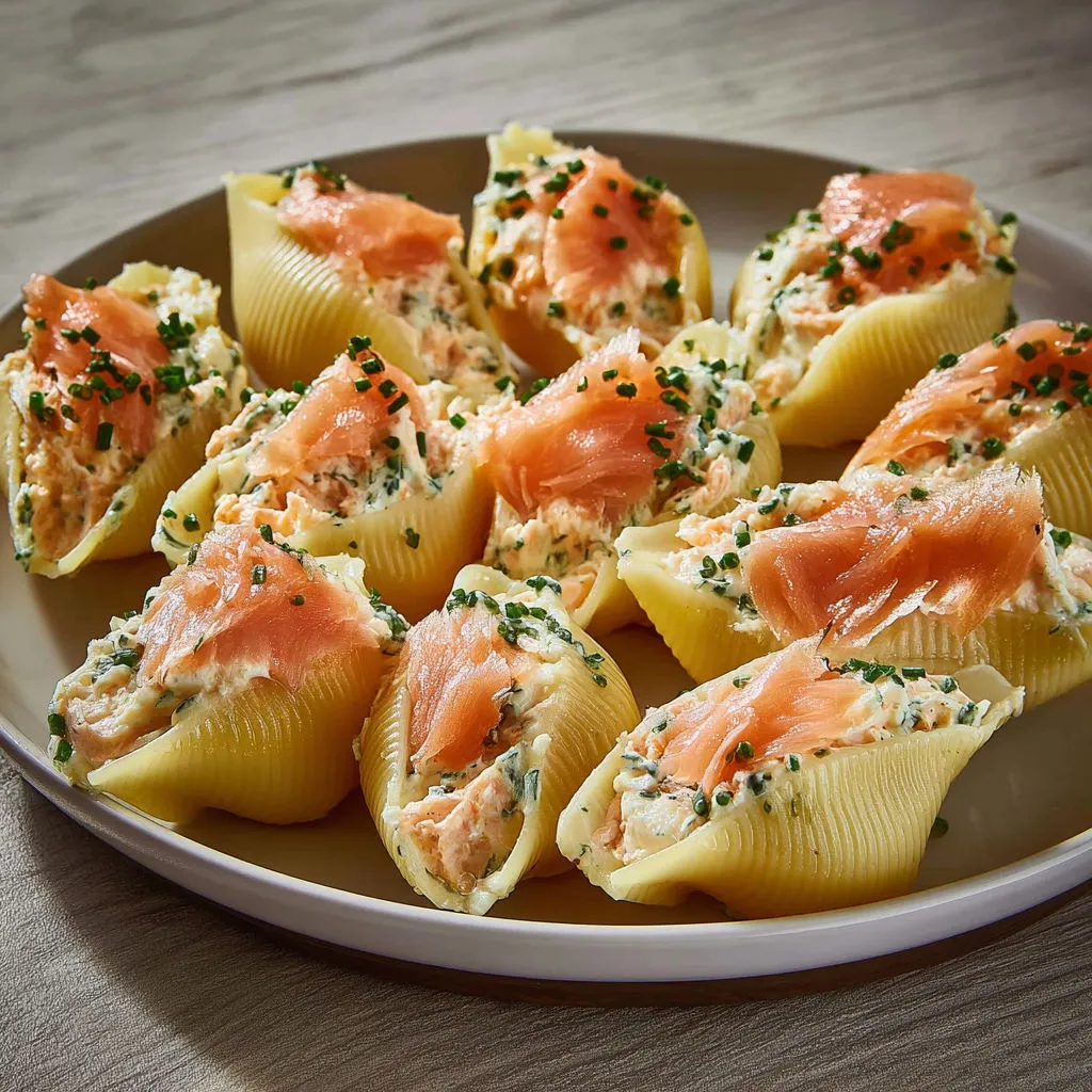 Assiette de raviolis entourés de légumes et de saumon.