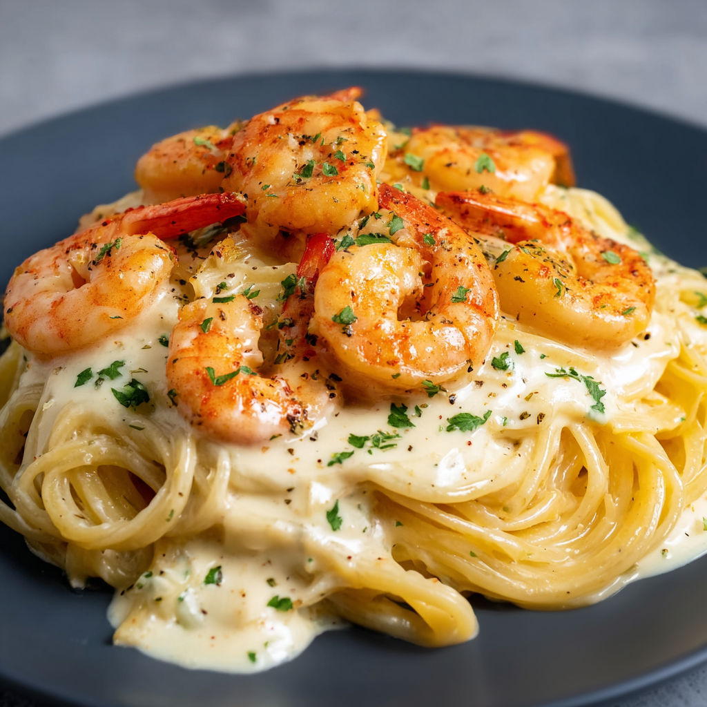 Des spaghettis crémeux garnis de crevettes et d’herbes fraîches.