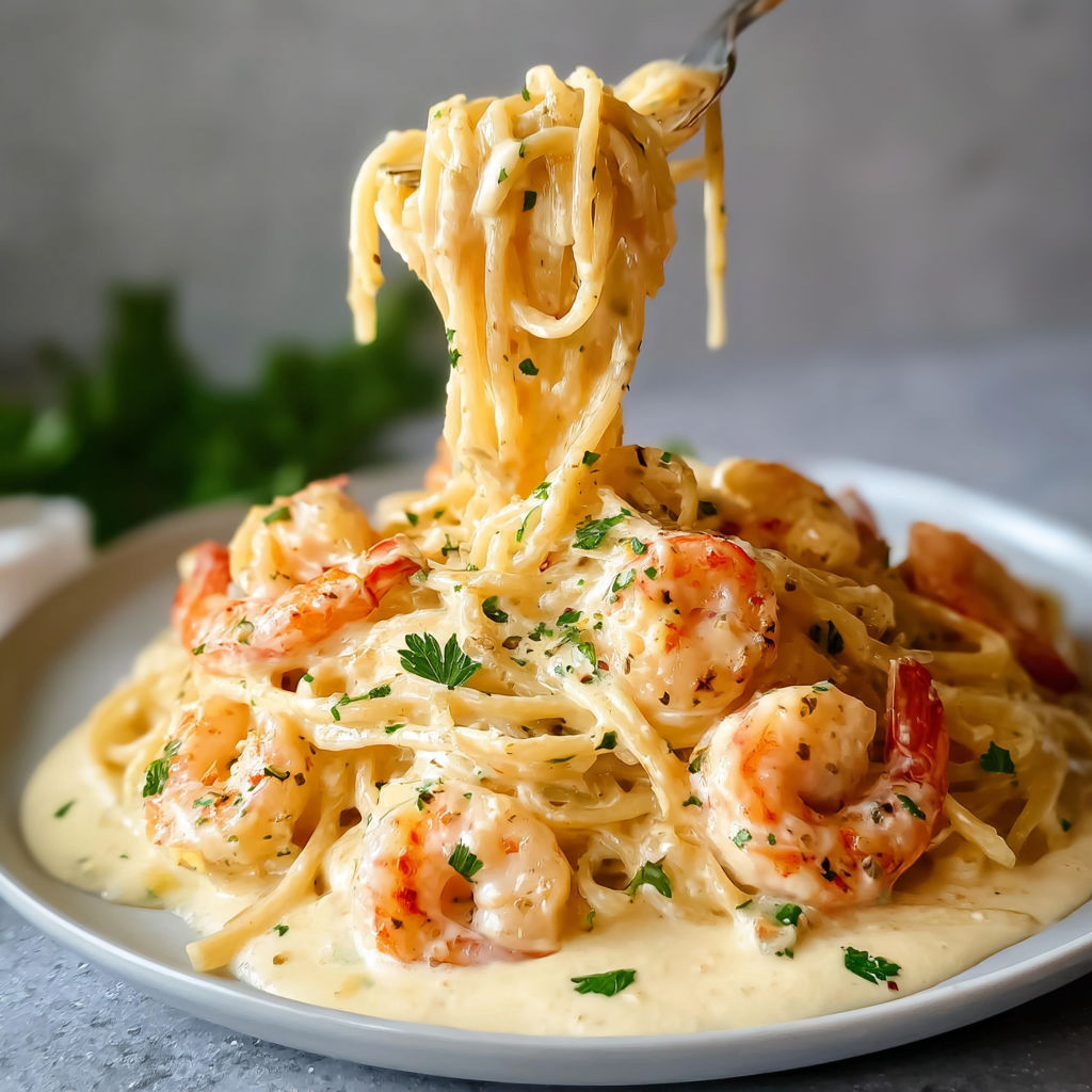Une assiette de spaghettis aux crevettes et à l’ail, enroulée par une fourchette.