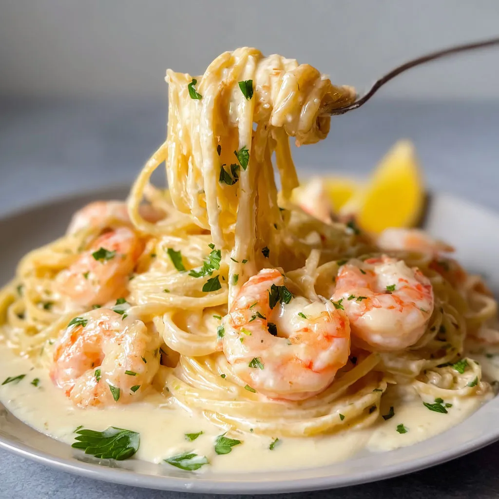 Assiette de pâtes crémeuses aux crevettes citron et herbes fraîches.