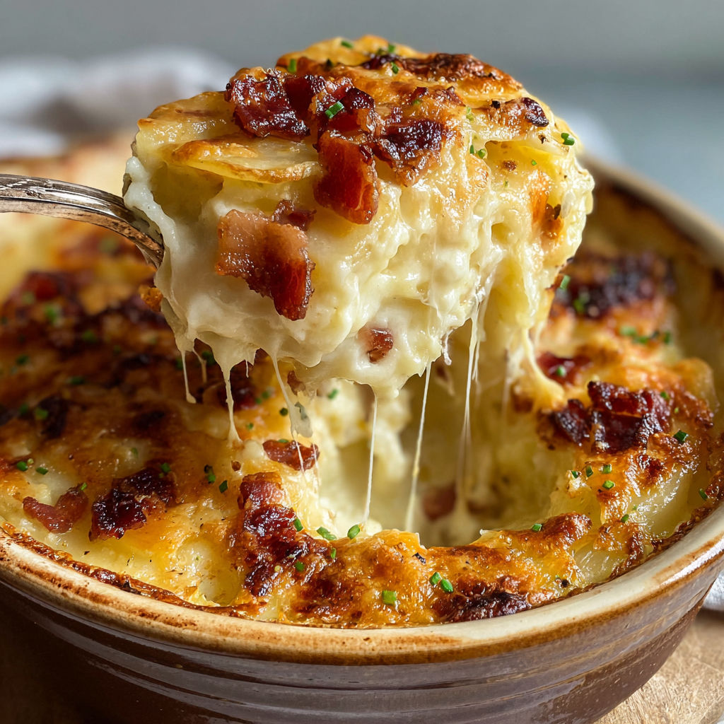 Gratin Mozza et Lardons servi façon rustique