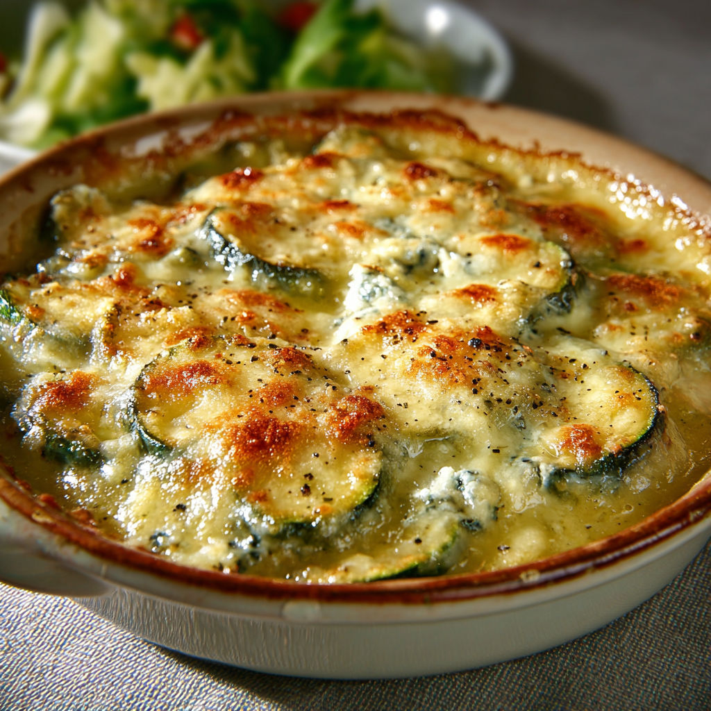 Une grande casserole de gratin courgette et bleu posée sur une nappe avec du gruyère fondu.