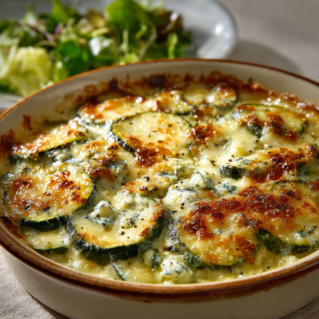 Un gratin moelleux de courgettes et fromages sur une table, entouré d’herbes fraîches et de légumes verts.