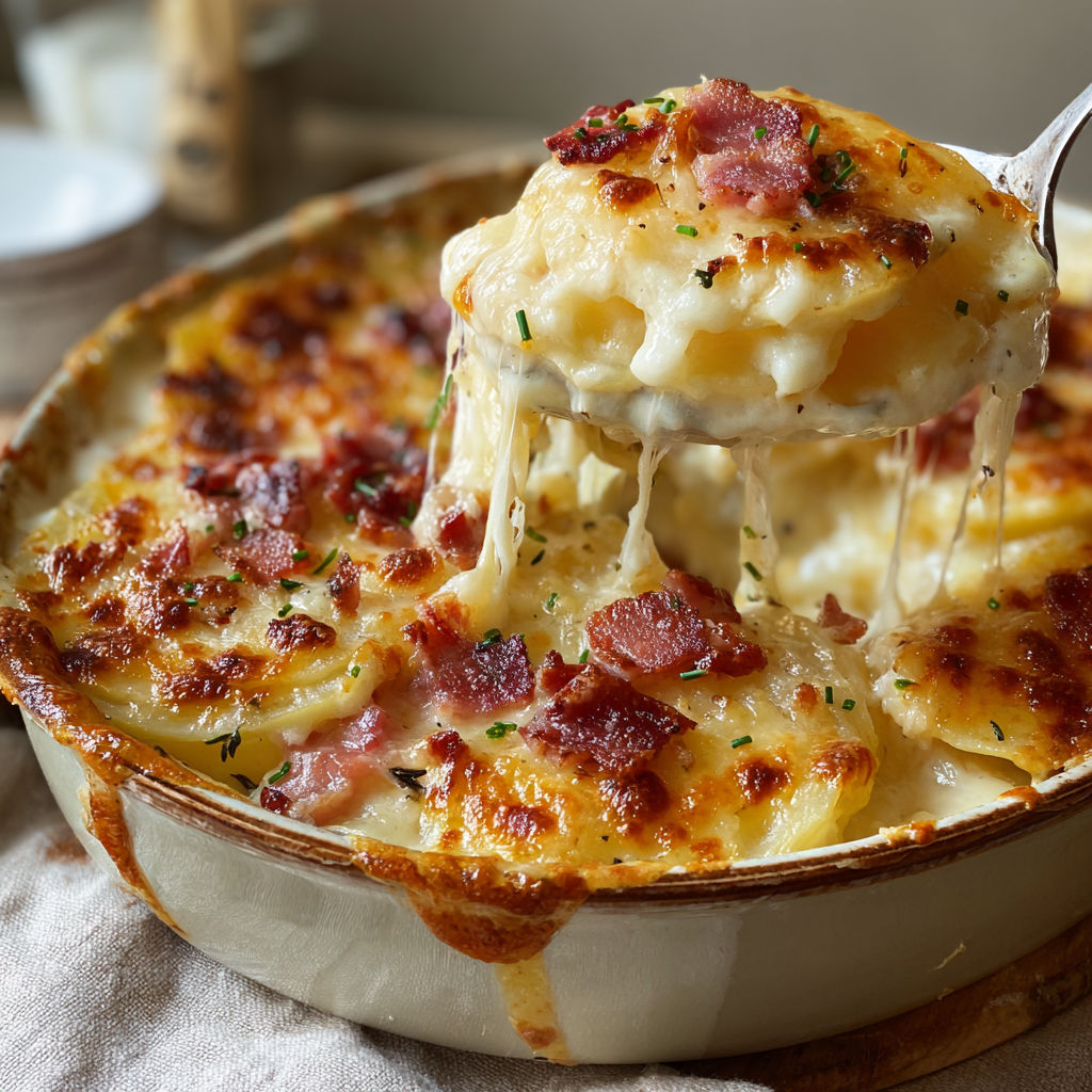 Un gratin de pommes de terre, mozzarella et lardons bien fondant présenté dans un bol.